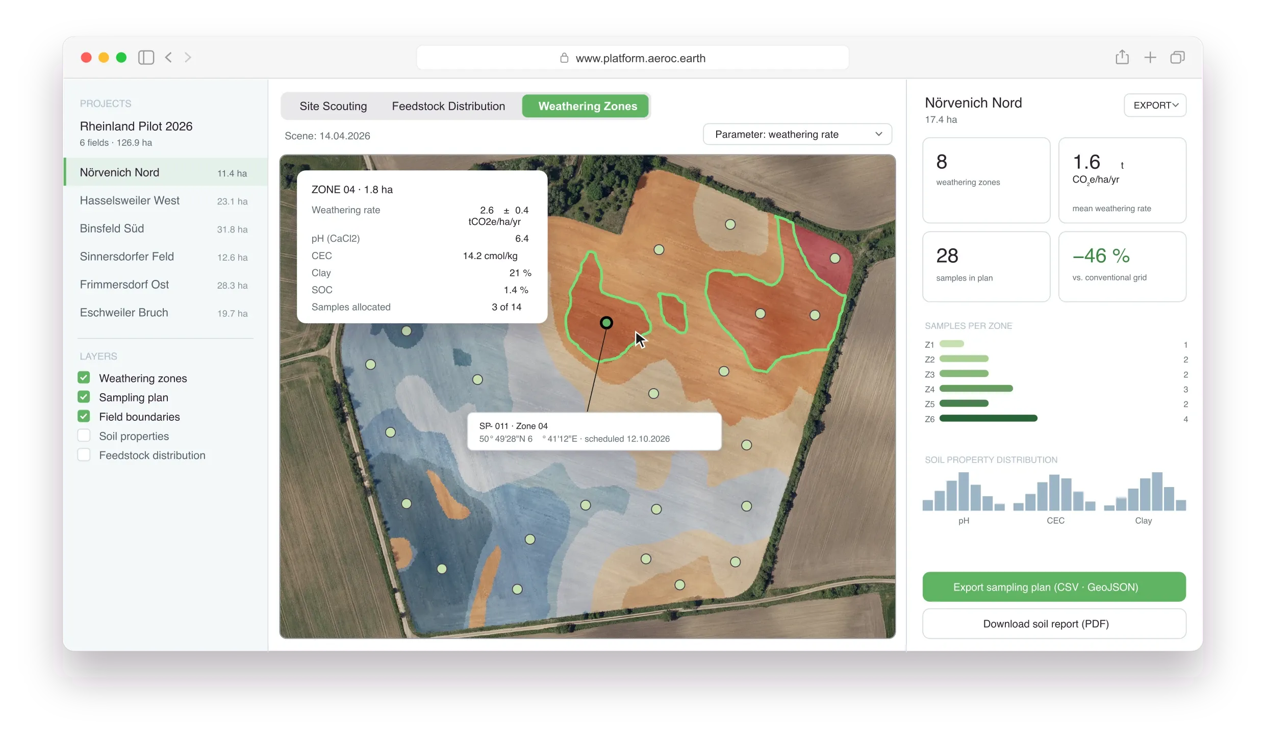 The AEROC Platform showing a field portfolio, weathering zones on a satellite map and the data behind a selected zone